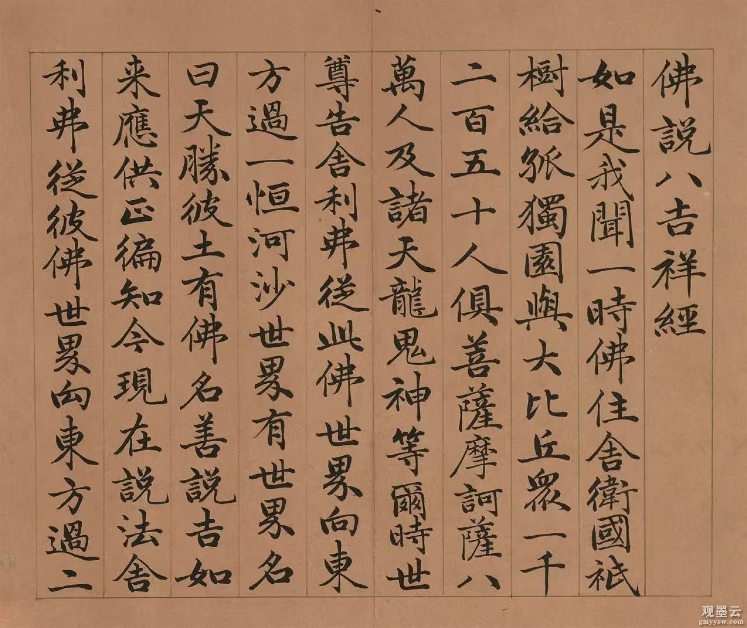 【1】《佛说八吉祥经》如是我闻。一时佛住舍卫国祗树给孤独园，与大比丘众一千二百五十人，俱菩萨摩诃萨八万人及诸天龙鬼神等。尔时，世尊告舍利弗：从此佛世界，向东方过一恒河沙世界。有世界名曰天胜。彼土有佛，名善说吉如来，应供正遍知。今现在说法，舍利弗。从彼佛世界，向东方过二